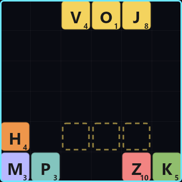 A block of three letters falls, slides left, turns upright, slides right and drops.