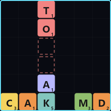 OAK clears down a column; the T above it falls and spells CAT across, which clears for double points.