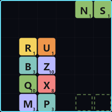 A falling block slides into the side of a tower, sticks, and spells RUNS in mid-air for a 3 times bonus.
